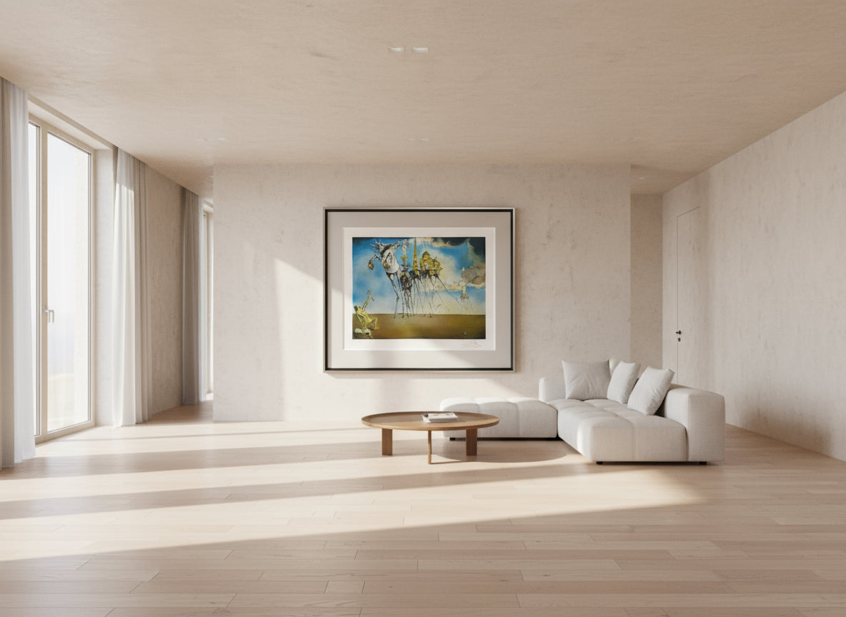 Framed Salvador Dali artwork with surrealistic scene