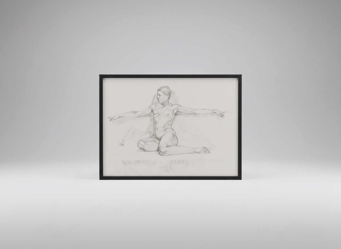Original nude pencil drawing; framed in black wood and glazed. Skillful life drawing of a nude figure on a neutral background.