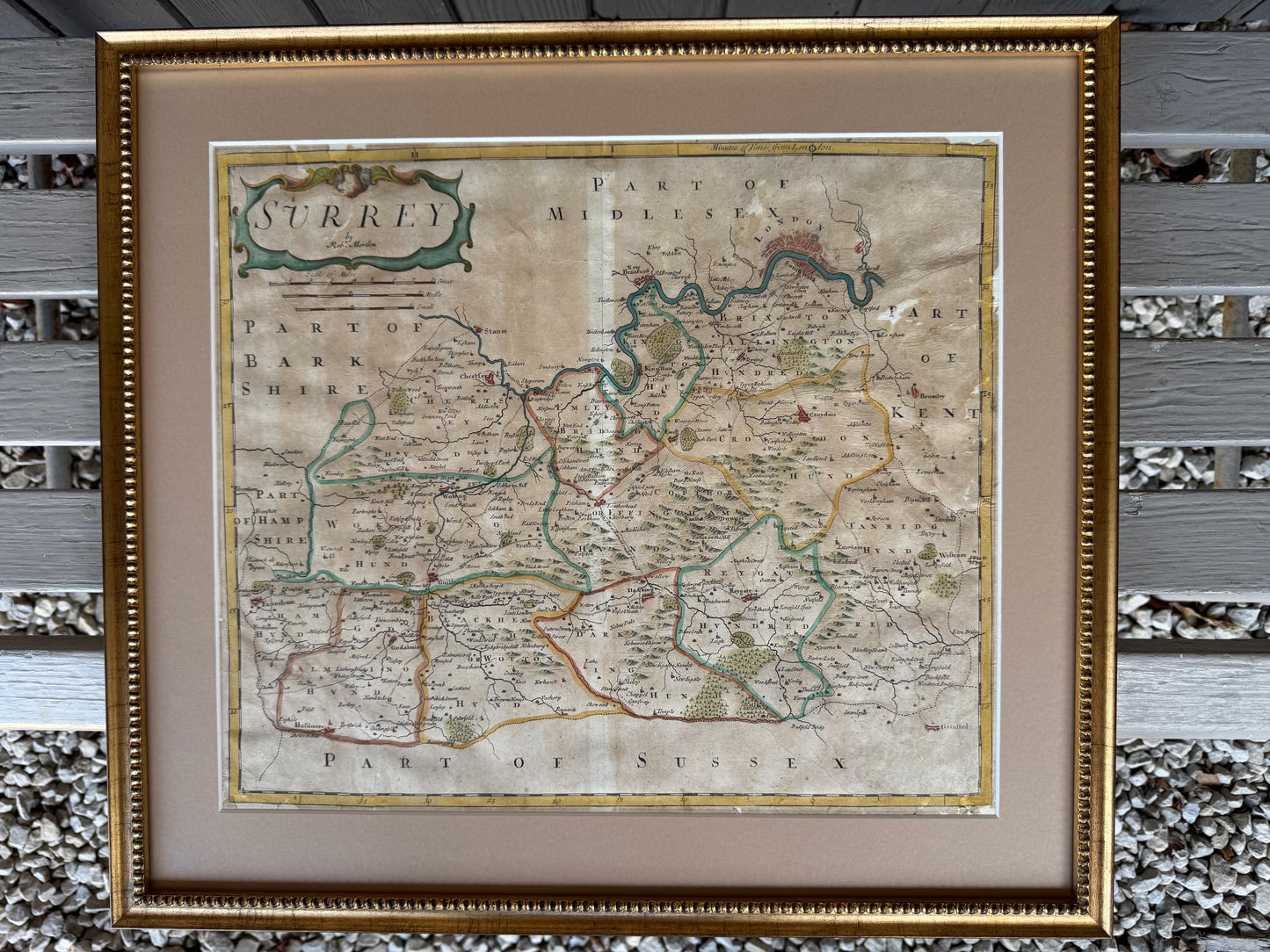 Original hand-coloured Surrey map (c1722), framed and glazed (UV 70 art glass)