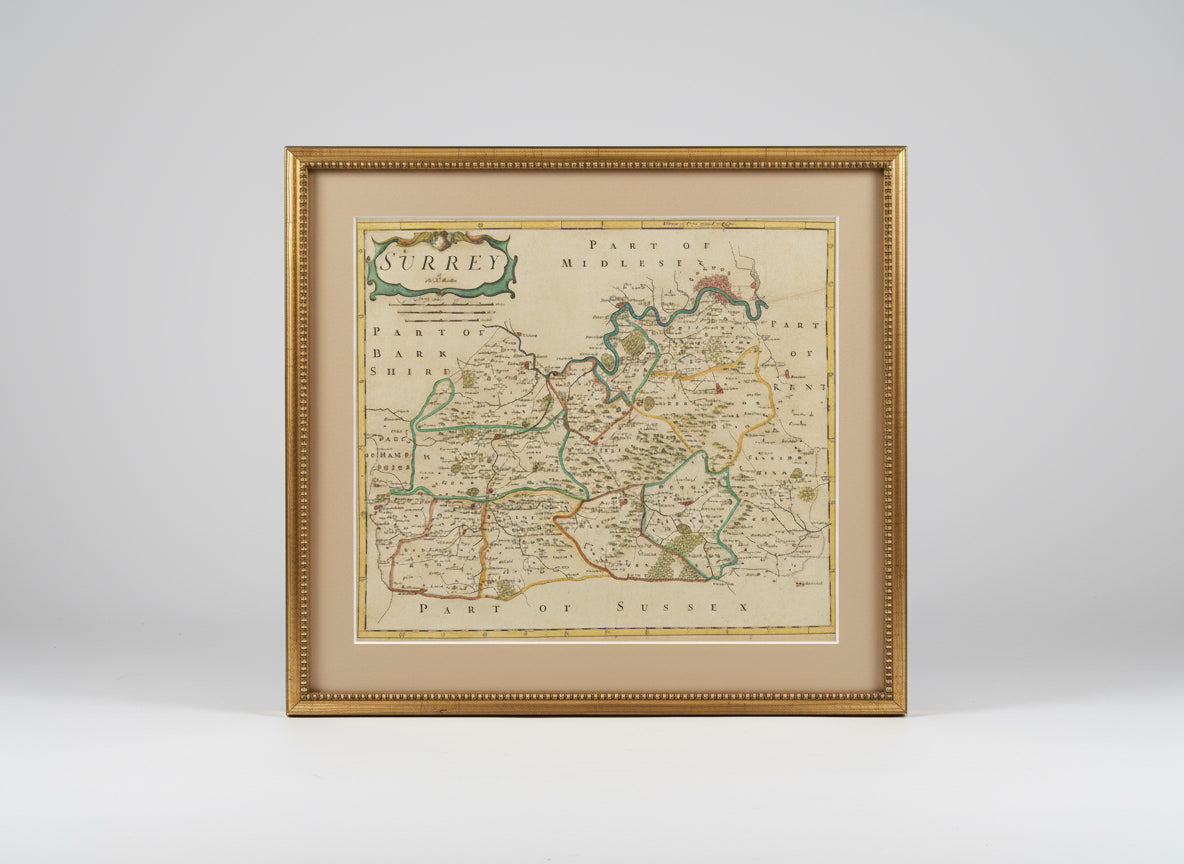 Original hand-coloured Surrey map (c1722), framed and glazed (UV 70 art glass).