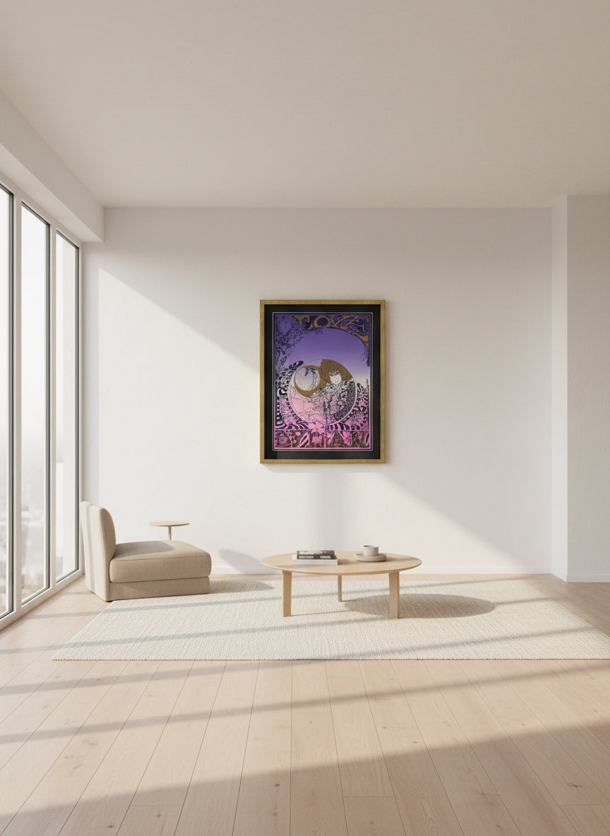 Dylan framed artwork with a stylized design on pink and purple background.