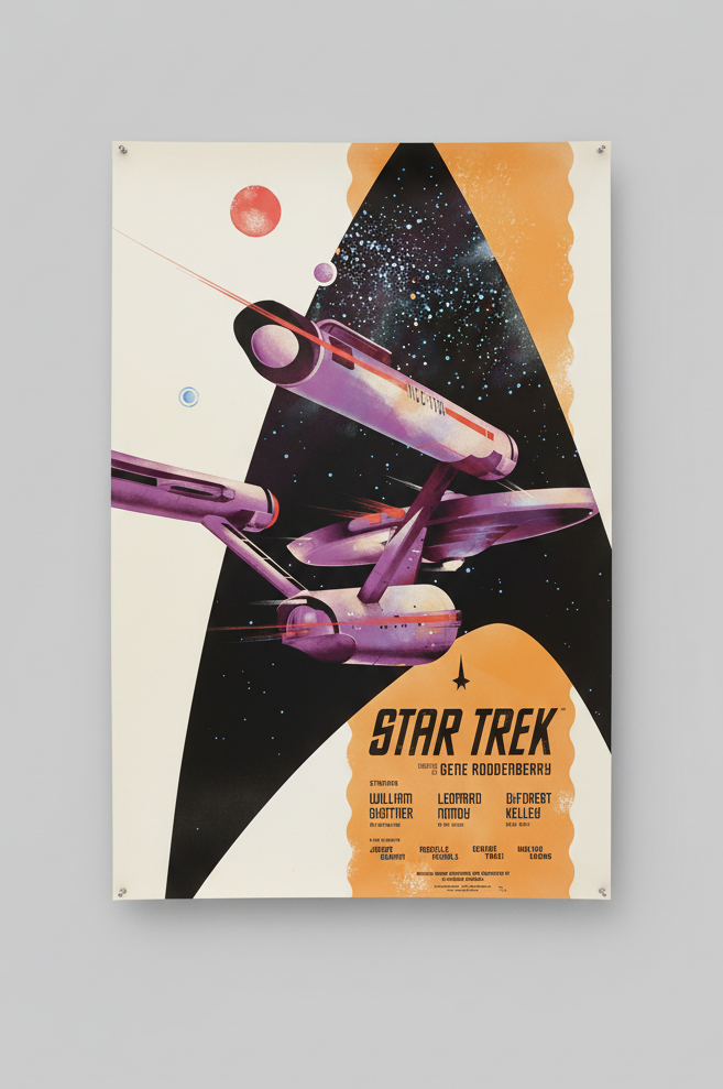 A framed Star Trek: The Original Series themed artwork featuring a stylized illustration of the USS Enterprise with a foil print finish.