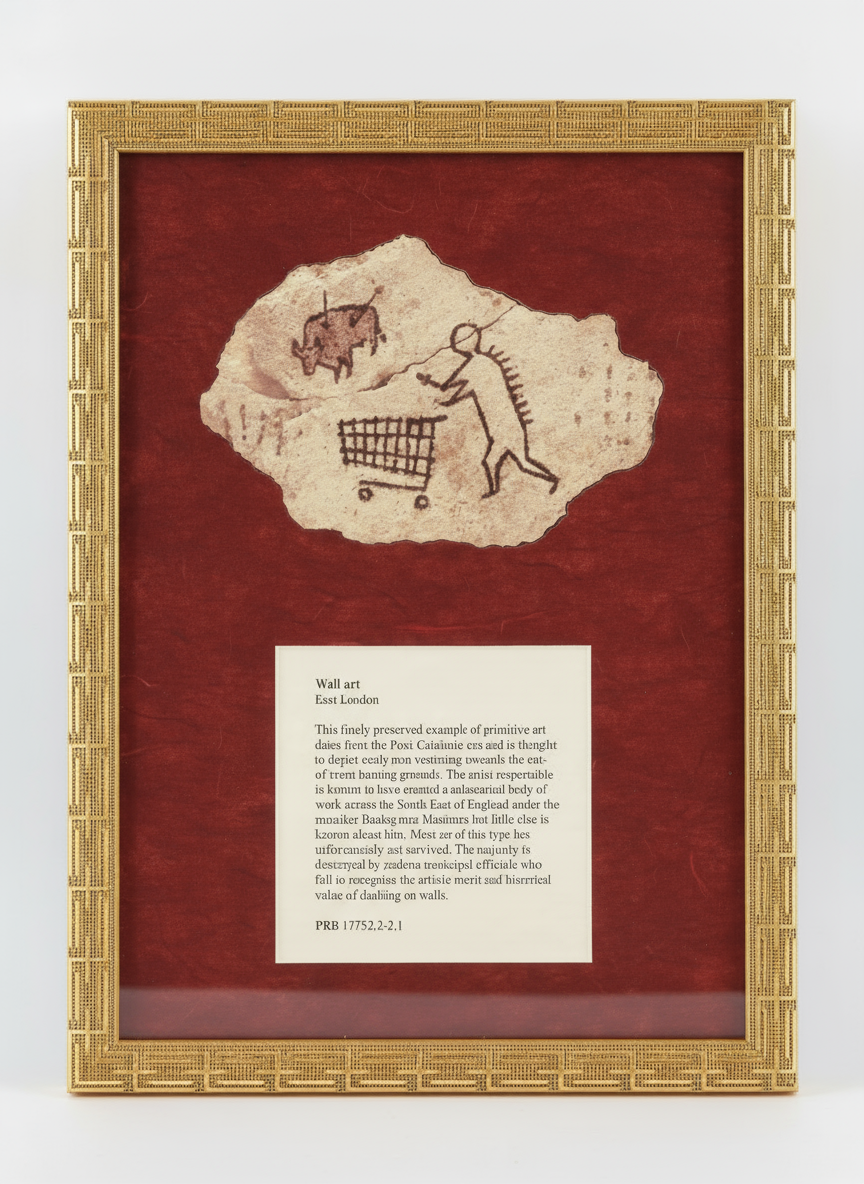 Framed wall art with a depiction of a figure with a shopping cart and a bison, on a red background.