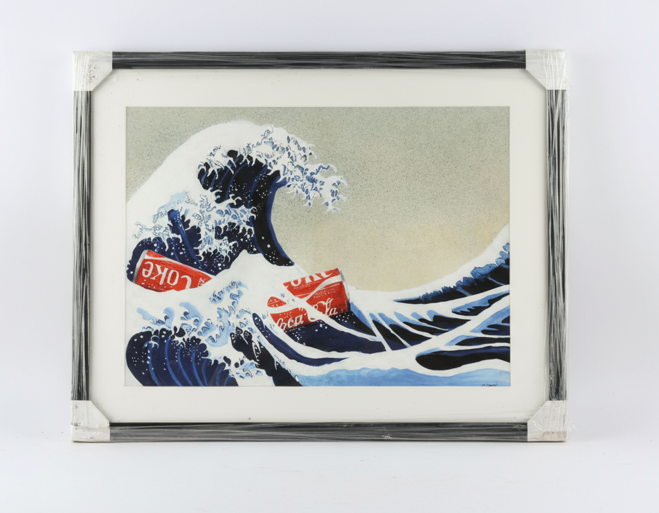 Framed artwork of a famous wave with Coca-Cola branding.