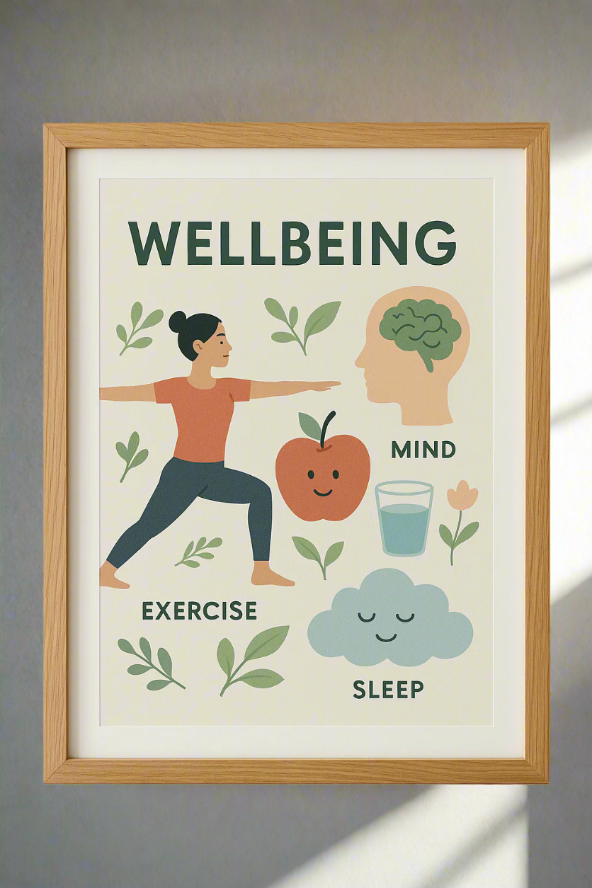 Framed poster on a wall with illustrations of a person exercising, a brain, an apple, a glass of water, and a cloud, with text indicating 'Wellbeing', 'Exercise', 'Mind', 'Sleep'.