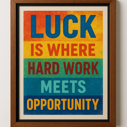 Framed poster with motivational quote 'Luck is where hard work meets opportunity' on a white background