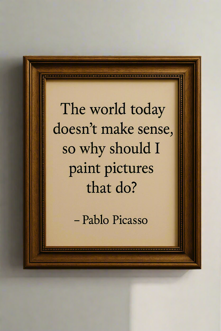 Framed quote by Pablo Picasso on a beige background