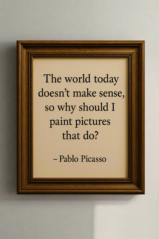 Framed quote by Pablo Picasso on a beige background
