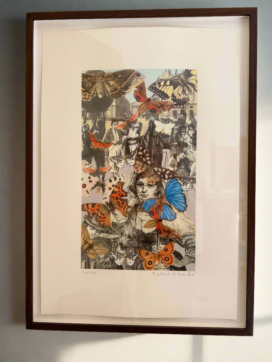 A colour lithograph by Peter Blake featuring a collage of butterfly images, with a variety of colors and sizes, signed by the artist in pencil to the margin, framed in a box frame.