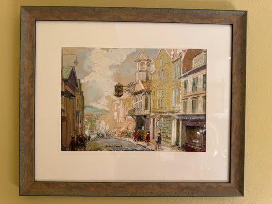 Original watercolour painting of Guildford High Street featuring a clock tower and cobbled street, framed in a wooden frame.