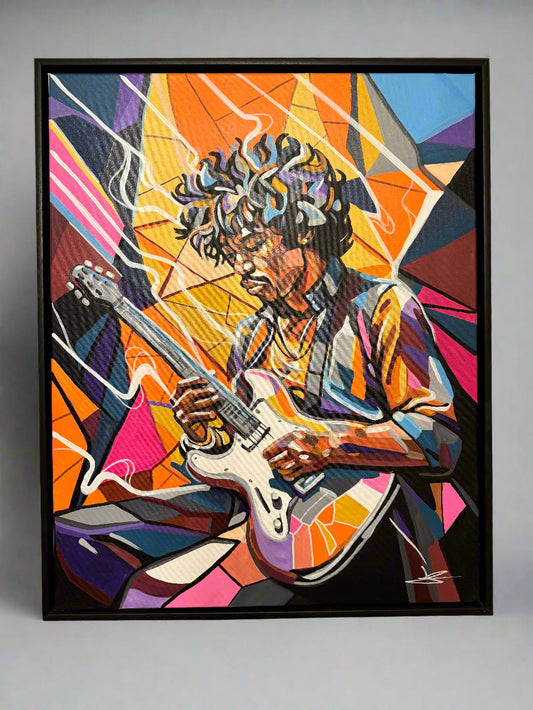 A vibrant acrylic painting on canvas by Luke Spooner depicting Jimi Hendrix playing an electric guitar. The artwork features bold, multicolored geometric shapes and is framed without glass.