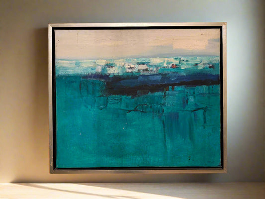 This image features an original oil painting by Vincent Wilson, an abstract representation titled "Snow on Dartmoor". The painting displays a serene winter scene, with Dartmoor blanketed in snow, captured in muted tones of blue and white, accented with hints of green.