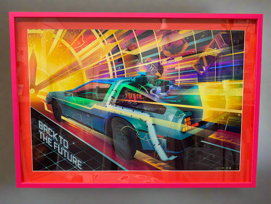 Back to the Future (1985) poster. Limited edition foil version numbered 22/150. Vibrant pink box-style frame.