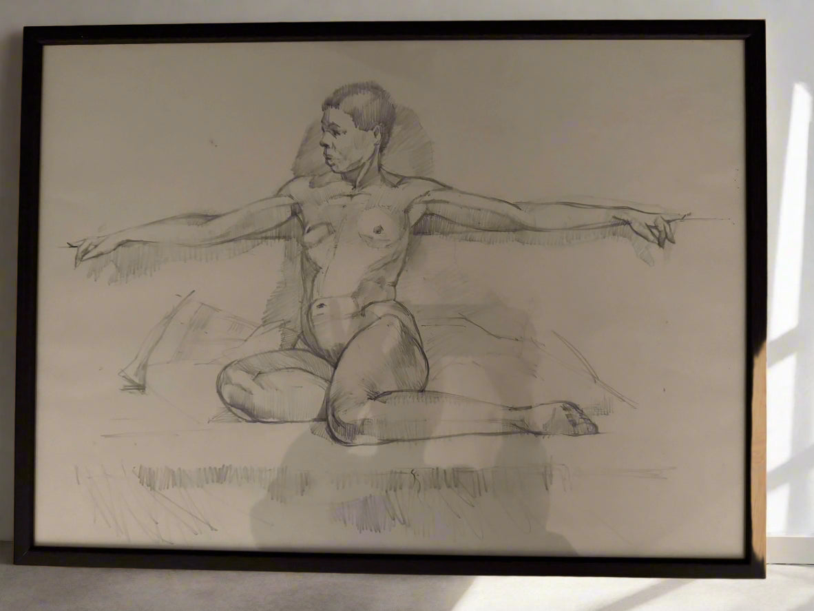 Framed black and white original pencil drawing of a nude figure on a neutral background