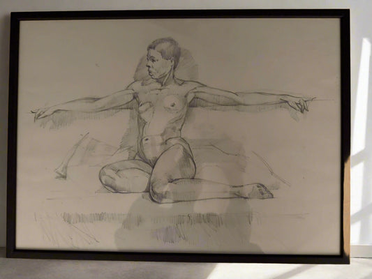Framed black and white original pencil drawing of a nude figure on a neutral background