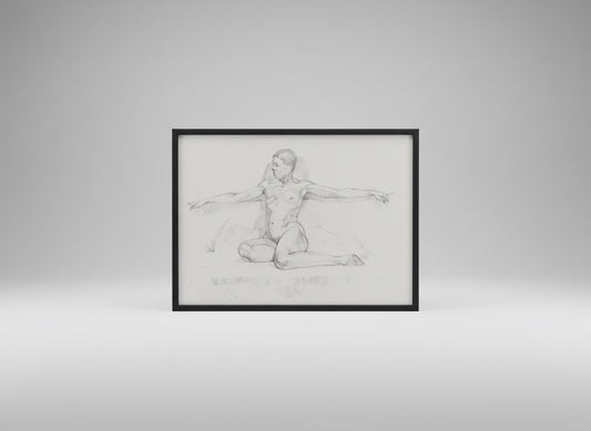 Original nude pencil drawing; framed in black wood and glazed. Skillful life drawing of a nude figure on a neutral background. [stock ref no: 86]
