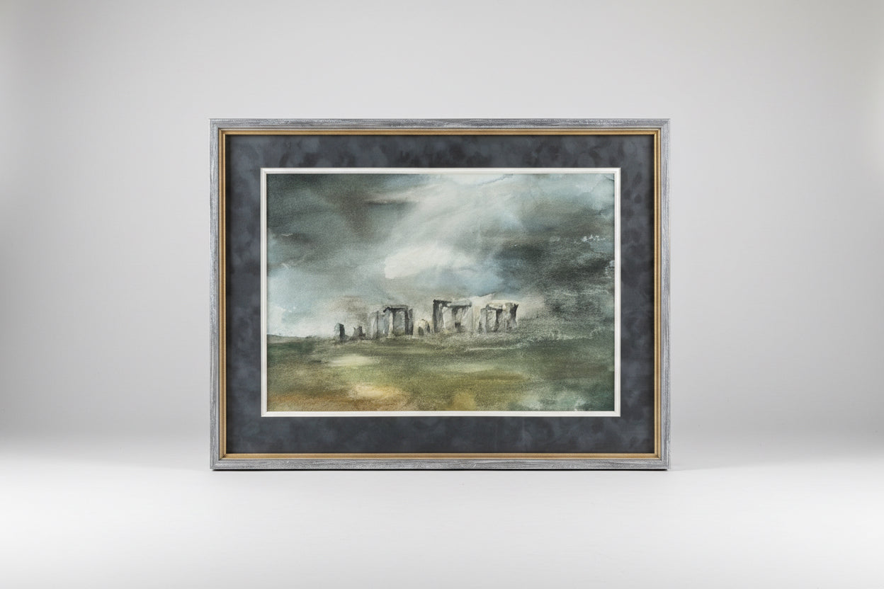 Moody Stonehenge original watercolour (unknown artist). Expertly framed, mounted and glazed.