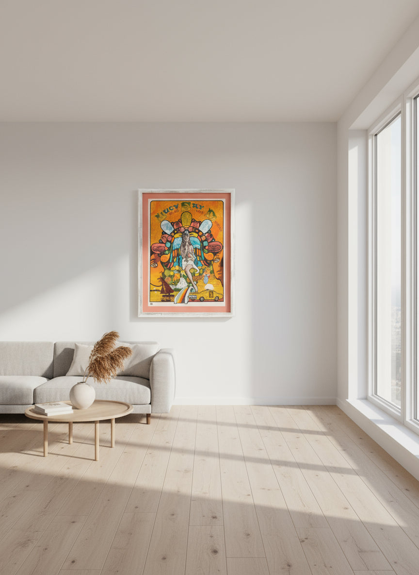 The Beatles, Lucy In the Sky With Diamonds. Colourful abstract artwork with female figure, framed in a white frame.