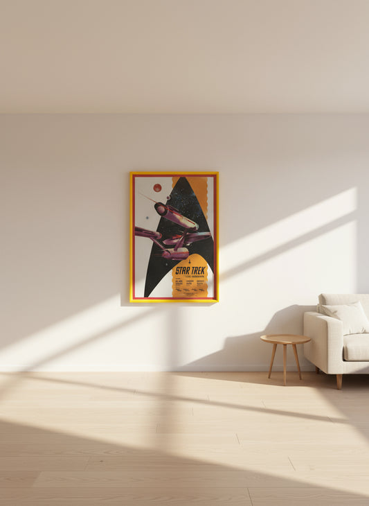Framed in yellow 'Star Trek' poster with spaceship Enterprise