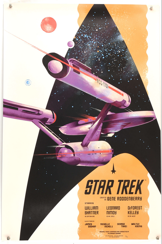 A framed Star Trek: The Original Series themed artwork featuring a stylized illustration of the USS Enterprise with a foil print finish.