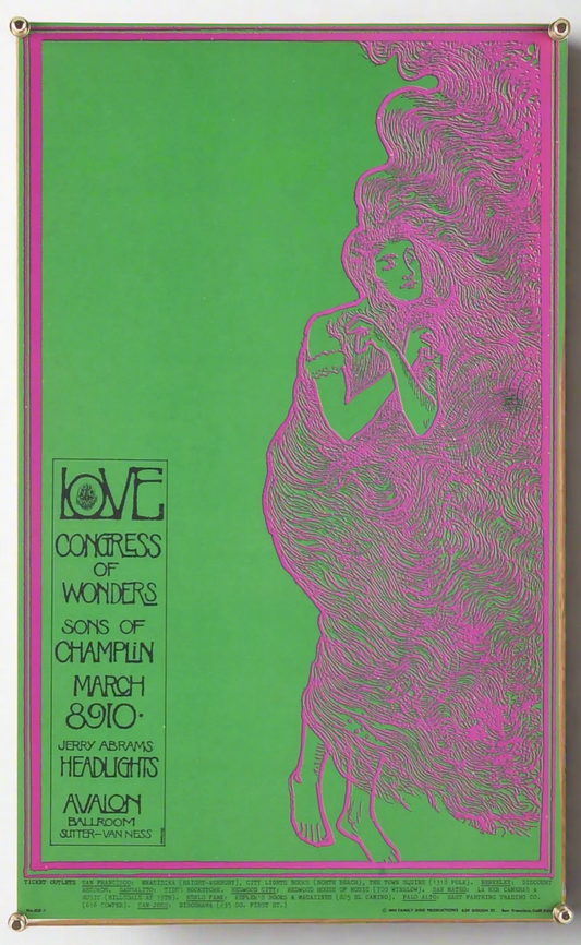 Poster with a stylized illustration of a woman in pink on a green background, featuring text about a concert.