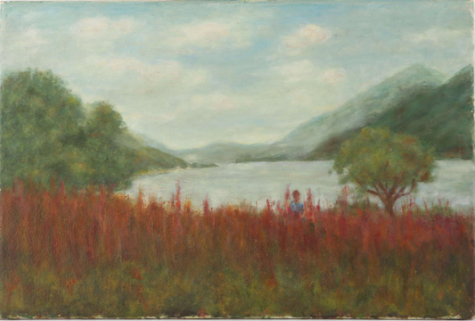 Landscape with a lake, trees, and red flowers in the foreground