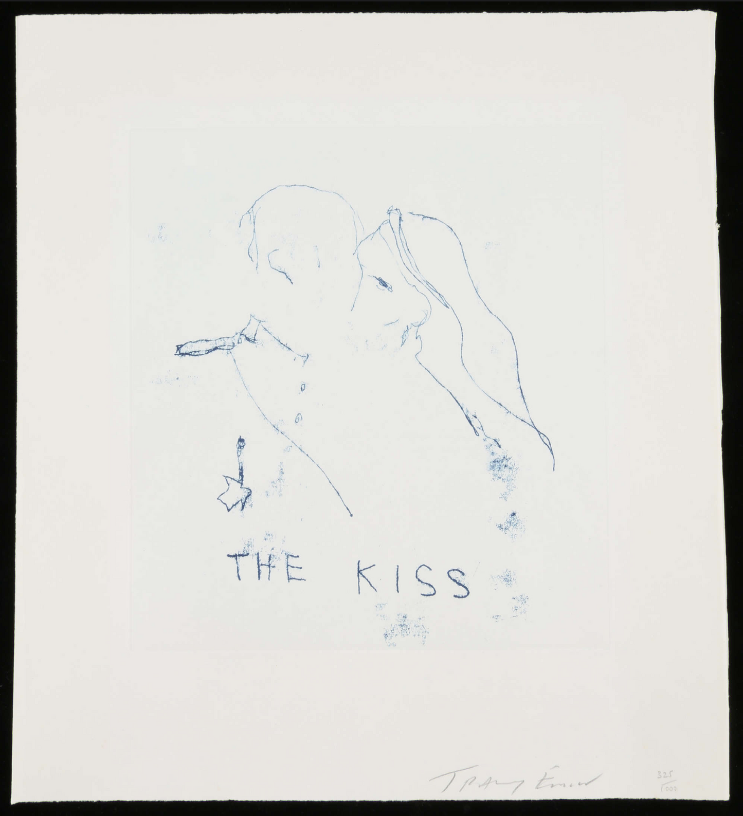 Artistic depiction of 'The Kiss' with blue line art on a white background